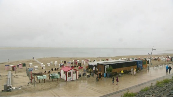 Blick von einer Düne auf die Strandpromenade auf Borkum bei trübem Wetter. © Screenshot 