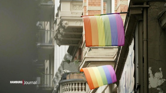 Zwei Regenbogenflaggen wehen an einer Häuserfassade. © Screenshot 