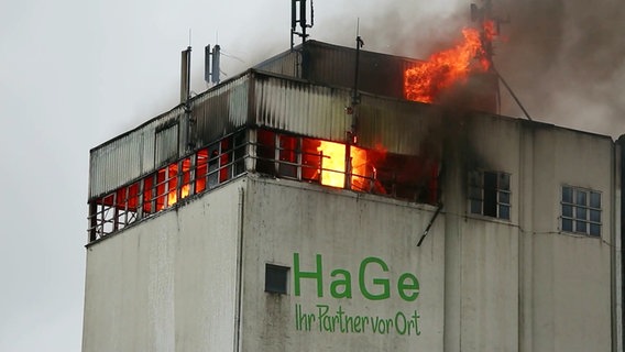 Der obere Teil des brennenden Getreide-Silos. Flammen schlagen aus dem Bauwerk. © Screenshot 