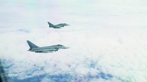 Zwei Eurofighter fliegen über den Wolken nebeneinander. © Screenshot 