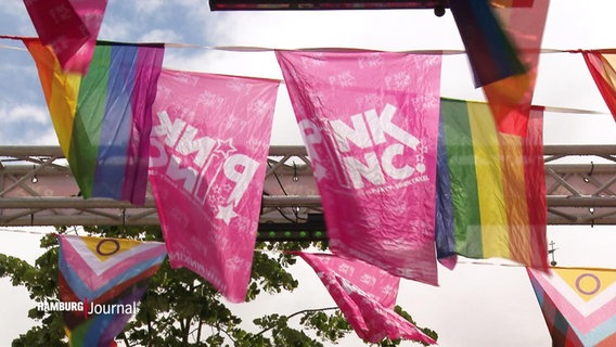 Regenbogen-Flaggen hängen in der Hamburger Innenstadt. © Screenshot 
