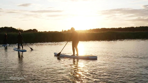 Stand-Up-Paddler beim paddeln auf einem See in der Abendsonne. © Screenshot 