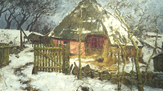 Ein Gemälde von einem eingeschneiten Haus mit Strohdach. © Screenshot 
