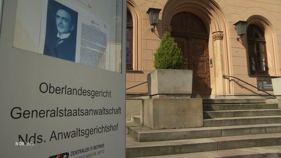 Schild vor einem Gebäude mit den Aufschriften: Oberlandesgericht, Generalstaatsanwalt, Nds. Anwaltsgerichtshof. © Screenshot 