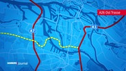 Die geplante Trasse der A26-Ost (gelb gestrichelt). © Screenshot 