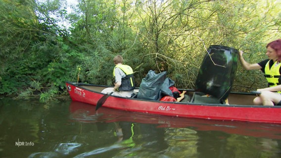 Ein Kanu mit Menschen un einem Fass aus Plastik darin. © Screenshot 