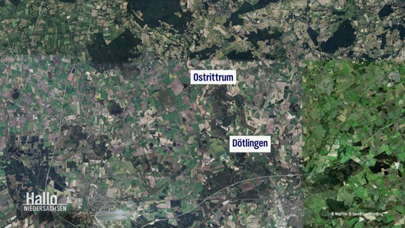 Luftaufnahme zeigt Ostrittrum und Dötlingen © Screenshot / Maptiler/OpenStreetMap/Bing 