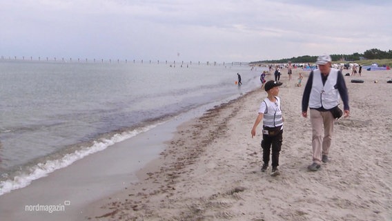 Der Strandwart ist mit Nachwuchs am Strand unterwegs. © Screenshot 