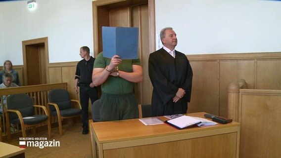 Zwei Personen an einer Bank im Gerichtssaal, die eine grün gekleidet und in Handschllen, die andere in Robe. © Screenshot 