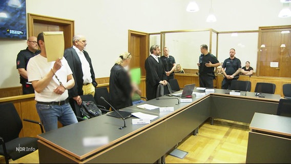 Zwei Angeklagte verbergen ihre Gesichter vor Gericht. © Screenshot 