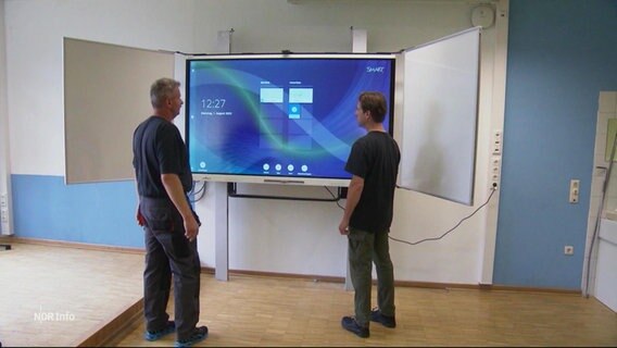 Zwei Männer stehen vor einem neu eingebautem Smartboard. © Screenshot 