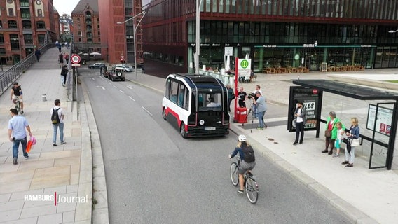 Eine Straßenszene am Hamburger Rathausmarkt mit einem Bus und einem/r Radfahrenden © Screenshot 