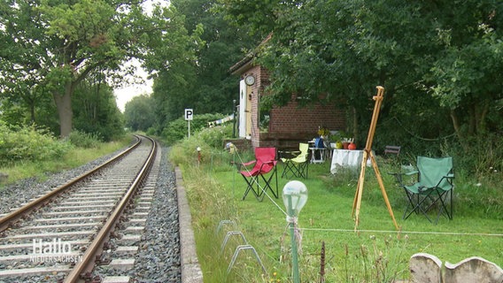 Ein kleines Häuschen an einer Bahnstrecke. Im Vordergrund stehen eine Staffelei und Stühle. © Screenshot 