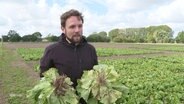 Ein Mann af einem Feld hält zwei Salatköpfe in den Händen. © Screenshot 