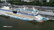 Blick aus der Vogelperspektive: Ein AIDA-Kreuzfahrtschiff liegt am Cruise Center in Hamburg-Altona. © Screenshot 