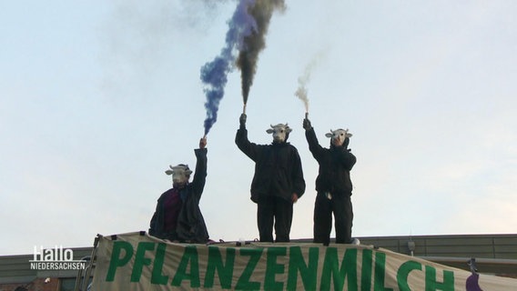 Aktivisten von "Animal Rebellion" mit Kuhmasken und Rauchfackeln in der hand. © Screenshot 