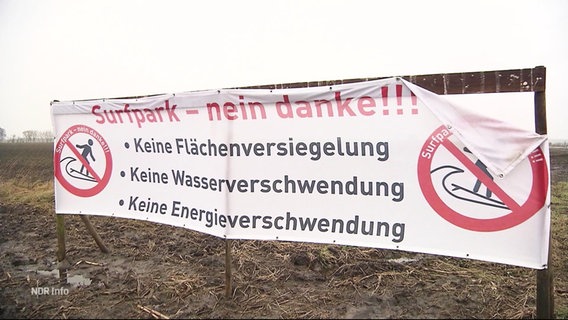 Ein Protestschild gegen eine Surfanlage. © Screenshot 