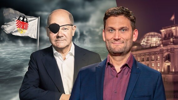 Bundeskanzler Olaf Scholz mit einer Augenklappe vor einer zerfetzten Fahne mit dem Bundesadler. Daneben Christian Ehring. (extra 3 vom 07.09.2023 im Ersten) © NDR 