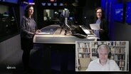 Verena Gonsch (r.) steht im Studio von NDR Info und moderiert die Redezeit. Eine Gesprächspartnerin steht ihr gegenüber. Ein Gast ist zugeschaltet. © Screenshot 