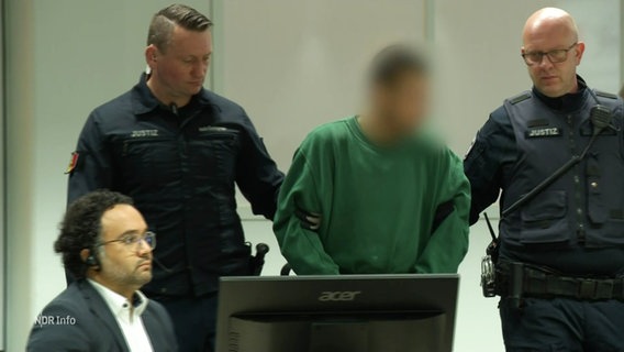Ein Mann mit unkenntlich gemachtem Gesicht wird vor Gericht geführt. © Screenshot 