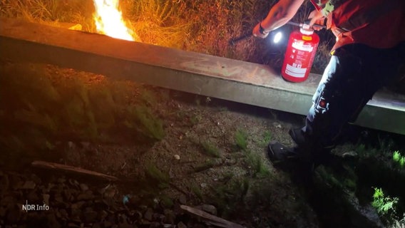 Ein Feuer neben Bahngleisen und eine Person mit Feuerlöscher. © Screenshot 