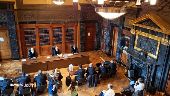 In einem historischen Sitzungsaal mit alten Bücherschränken tagt ein dreiköpfiges Gericht bei einem Verfahren. © Screenshot 