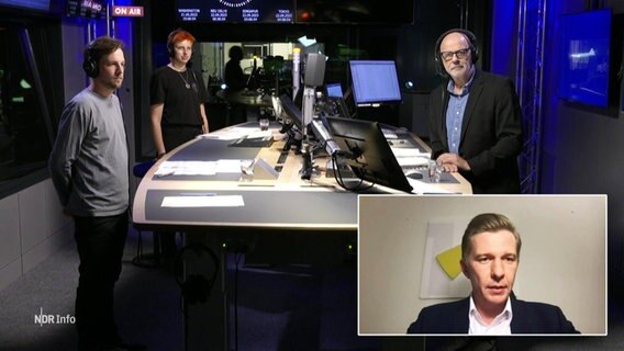 Die Studiorunde bei der NDR Info Redezeit: Moritz Ebinghaus, Jona Preuß, Moderator Andreas Kuhnt und zugeschaltet Matthias Seestern-Pauly. © Screenshot 