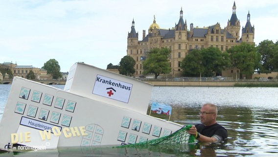 Demonstrierende lassen ein aus Pappe nachgebautes Krankenhaus in einem See untergehen. © Screenshot 