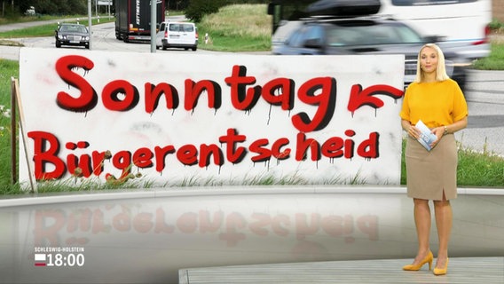 Alexandra Bauer moderiert in der Frühausgabe Schleswig-Holstein einen Beitrag zum Sonntags-Bürgerentscheid an. © Screenshot 