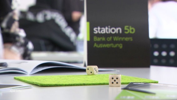 Zwei Würfel neben und auf einer Würfelunterlage in Nahaufnahme. © Screenshot 