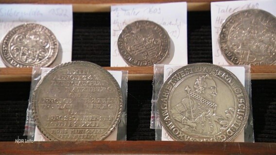 Fünf alte Münzen in einem Sammelkasten einsortiert, in Nahaufnahme. © Screenshot 