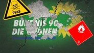 Ein abgewetztes Schild mit dem Logo der Grünen und Warn-Symbolen. (extra 3 vom 27.09.2023 im NDR Fernsehen) © NDR 