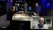 NDR Info Redezeit am 27.09.2023. Im Studio stehen Moderator Andreas Kuhnt, Mathias Bölckow (Regionalvorsitzender Pro Bahn) und Dörte Liebetruth (Verkehrspolitische Sprecherin der SPD in Niedersachsen). Per Video zugeschaltet ist Jens Böther (Landrat Lüneburg). © Screenshot 