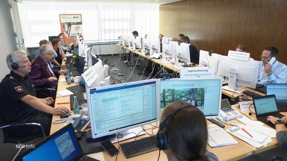 In einem Sitzungsraum sitzen mehrere Menschen, zum Teil in Polizei- oder Bundeswehruniformen, vor Computerbildschirmen. © Screenshot 