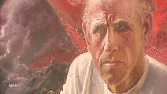 Ausschnitt aus dem Gemälde "Selbstbildnis mit Palette vor rotem Vorhang" von 1942 von Otto Dix: Das skeptische Gesicht eines älteren Mannes in weißem Hemd vor einer apokalyptischen, dunklen Landschaft. © Screenshot 