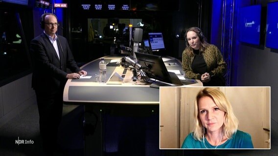 Nina Zimmermann steht im Studio von NDR Info und moderiert die Redezeit. Ein Gast steht ihr gegenüber, eine Gesprächspartnerin ist zugeschaltet. © Screenshot 