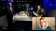 Nina Zimmermann steht im Studio von NDR Info und moderiert die Redezeit. Ein Gast steht ihr gegenüber, eine Gesprächspartnerin ist zugeschaltet. © Screenshot 