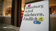 Ein Schild vor einem Laden, es trägt die Aufschrift: "Hamburg wird nüchtern. Endlich." © Screenshot 