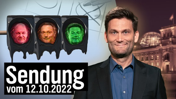 Eine schmelzende Ampel mit Olaf Scholz bei rot, Christian Lindner bei gelb und Robert Habeck bei grün. Daneben Christian Ehring. (extra 3 vom 12.10.2023 im Ersten) © NDR 