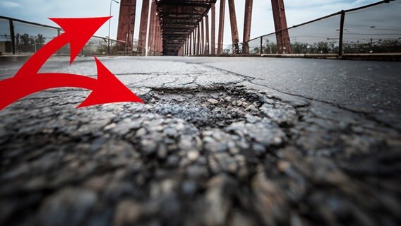 Schlaglöcher vor einer verrosteten Brücke. (extra 3 vom 12.10.2023 im Ersten) © NDR 