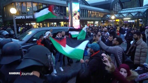 Menschen mit palästinensischen Flaggen am Hamburger Hauptbahnhof. © Screenshot 
