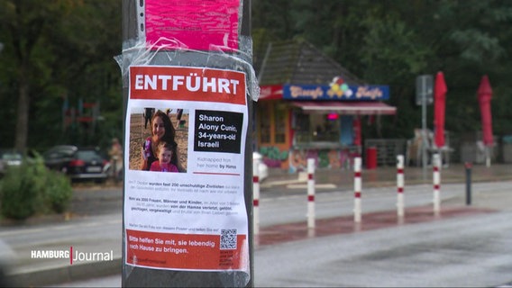 Ein Plakat mit der Aufschrift "Entführt" und dem Bild einer Person ist an einen Laternenmast geklebt. © Screenshot 