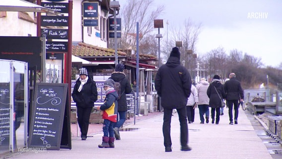 Menschen flanieren bei kühlerem Wetter in dicken Jacken und mit Mützen an einer Ostsee-Promenade entlang. © Screenshot 