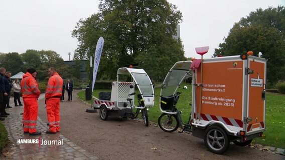 Links im Bild zwei Personen in neon-oranger Arbeitskleidung, rechts im Bild zwei Fahrrad-Mobile der Hamburger Stadtreinigung. © Screenshot 