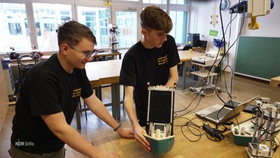 Zwei junge Männer stehen in einem Klassenraum und präsentieren eine eigene Innovation. © Screenshot 