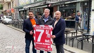 Drei Gastronomen stehen im Schanzenviertel mit einem Plakat mit der Aufschrift "7% Mehrwertsteuer müssen bleiben". © Screenshot 