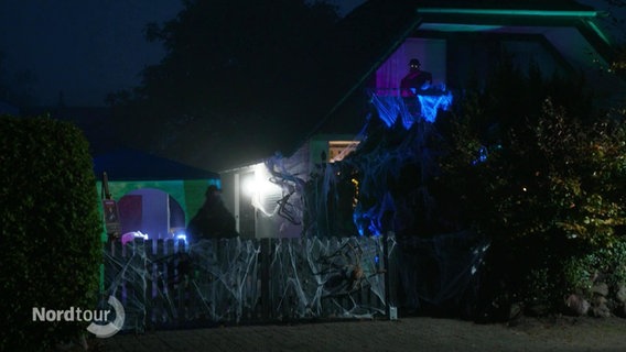 Blick bei Nacht auf ein gruselig dekoriertes Halloween-Haus in einem Wohngebiet. © Screenshot 