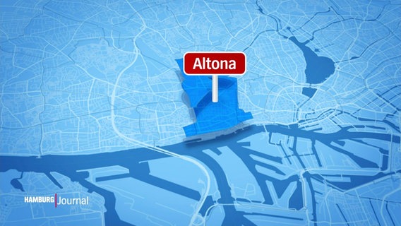 Eine blaue Kartenansicht von Hamburg. Der Stadteil Altona ist hervorgehoben und mit einem roten Schild markiert. © Screenshot 