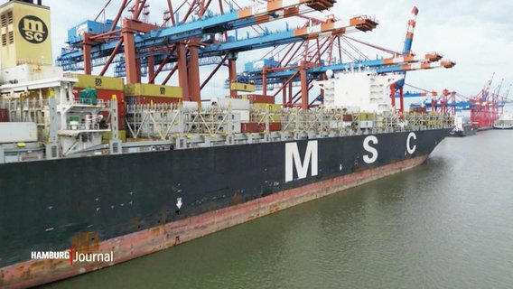 Een containerschip met het Aufschrift MSC in de haven van Hamburg.  © Schermafbeelding 