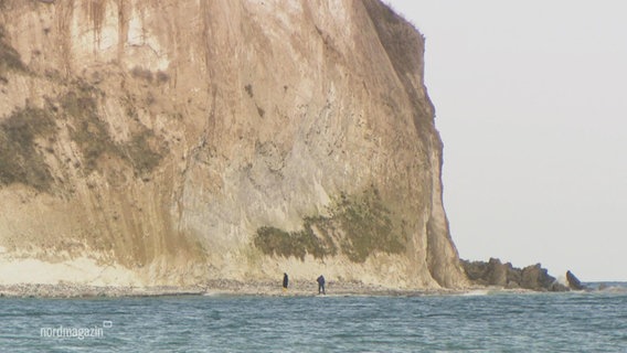 Menschen stehen auf einem Strandstück an einer Steilküste. © Screenshot 